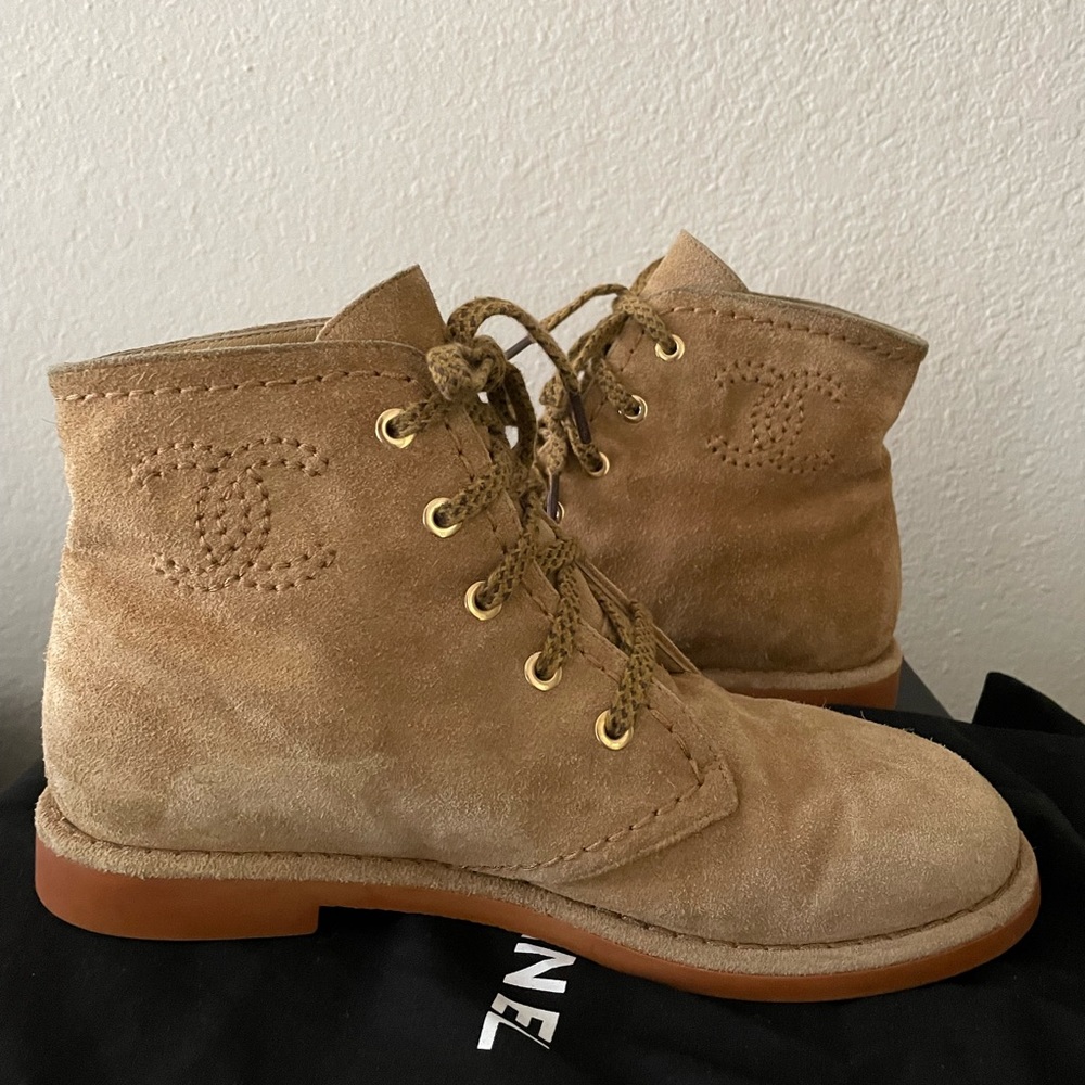 CHANEL suede calfskin lace up ankle boot dark beige 38